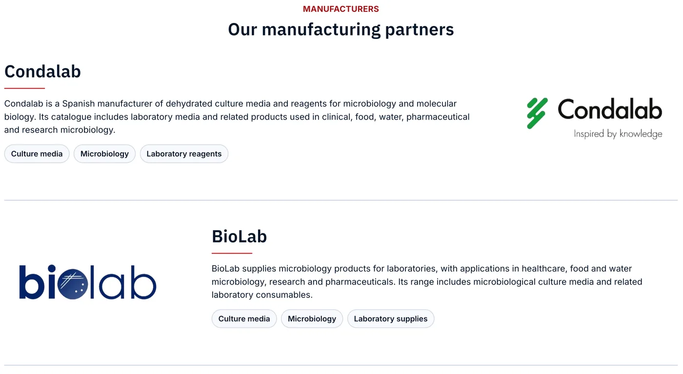 Adonis Pharma manufacturers page presenting suppliers with logos, descriptions, and category tags