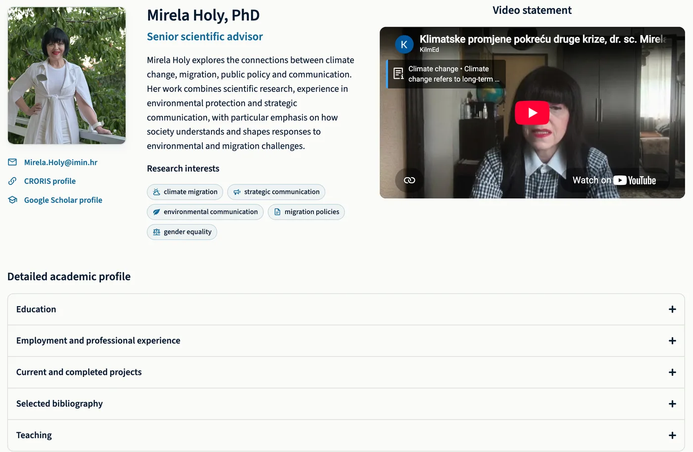 KlimEd researcher profile with biography, research interests, video statement, and expandable academic detail